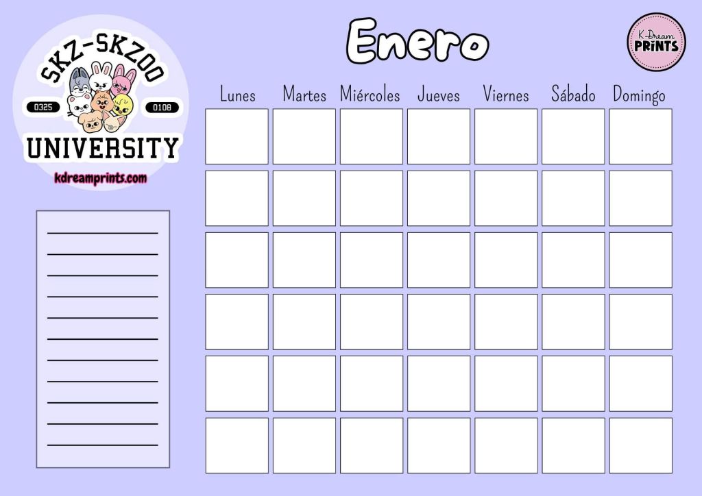 Calendario Rellenable Skzoo University Lila